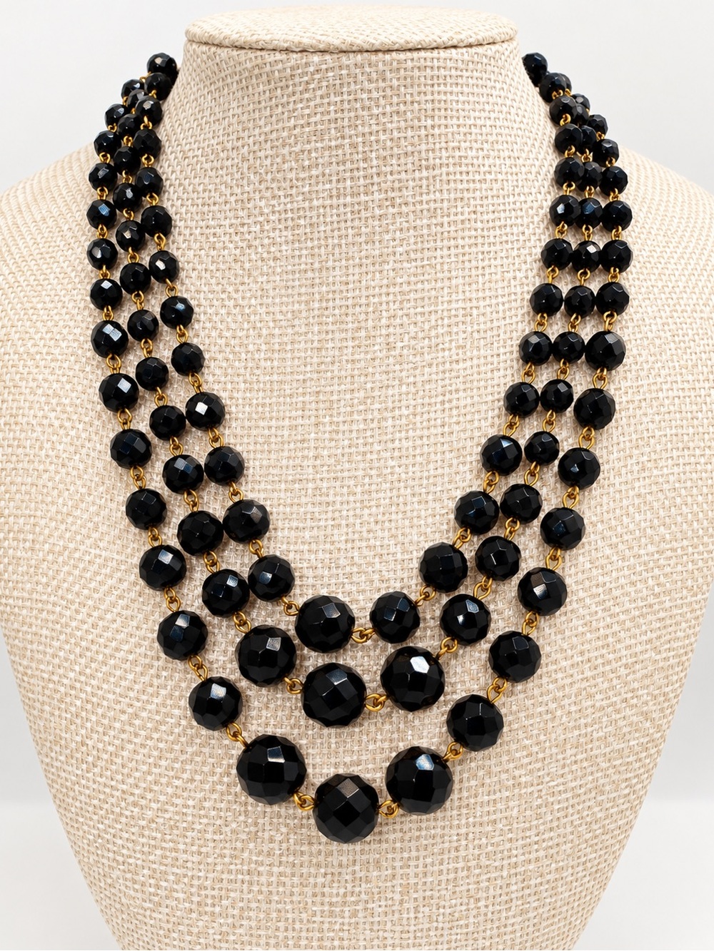 Multi-Strand Black Faceted Bead Necklace with Gold Links - Women Jewelry